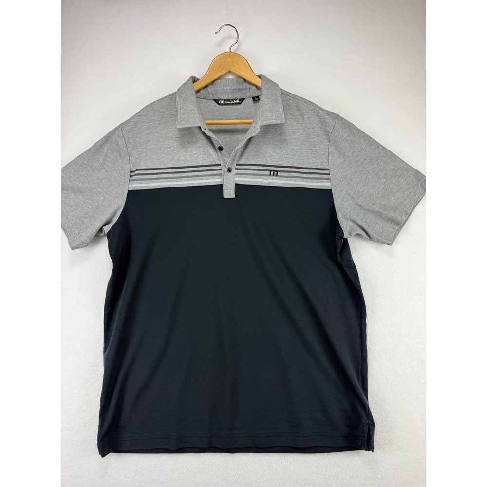 TravisMathew Polo Shirt‎ Mens XL Black Grey Colorblock Striped Golf Performance